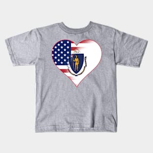 State of Massachusetts Flag and American Flag Fusion Design Kids T-Shirt